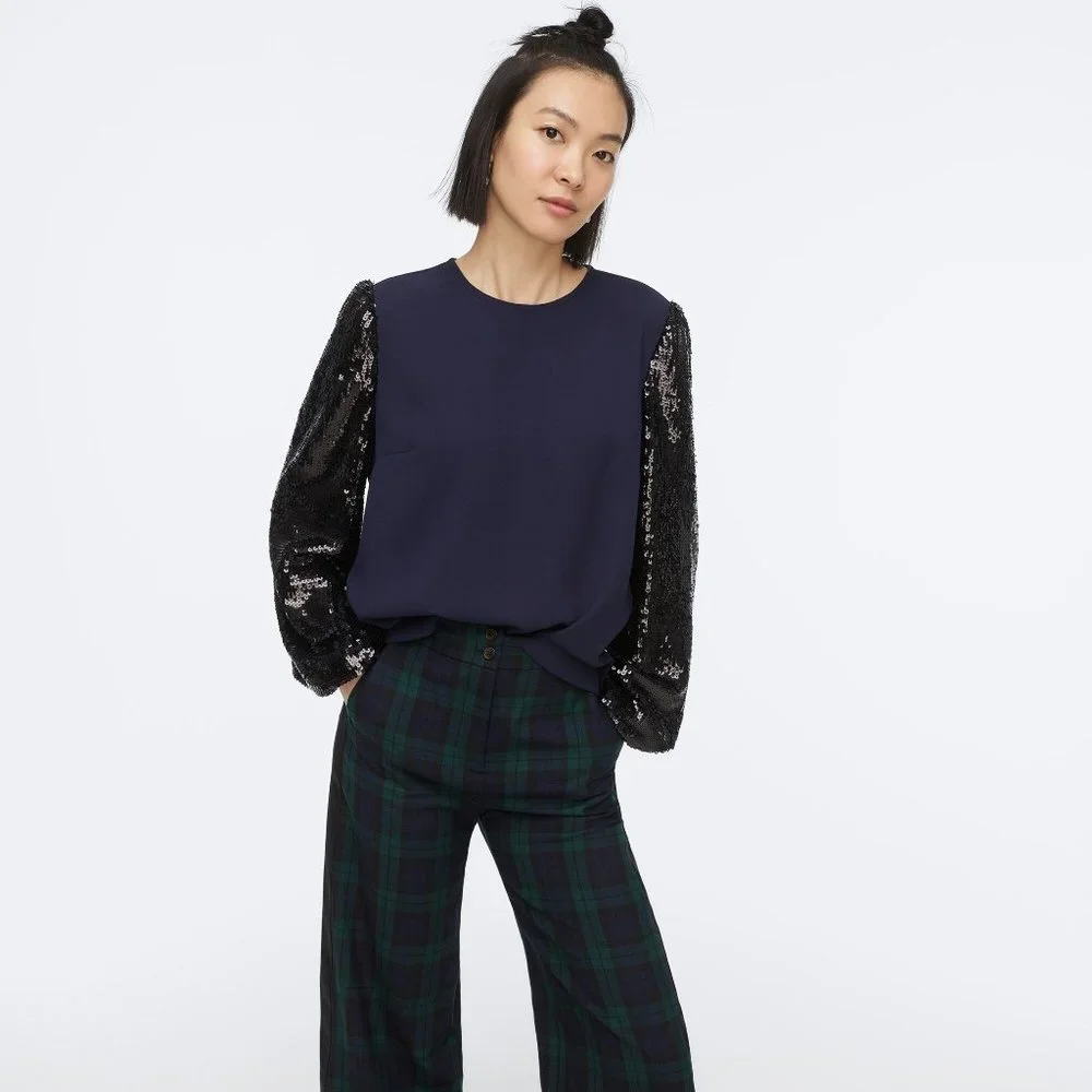 NWT Womens Size XS J. Crew Navy Blue Black Sequin Sleeve Crepe Blouse Top